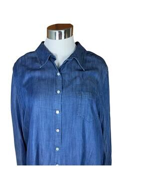 NEW Foxcroft Top Women 24W Blue Button Long Sleeve Shaped Fit Pocket Nordstrom